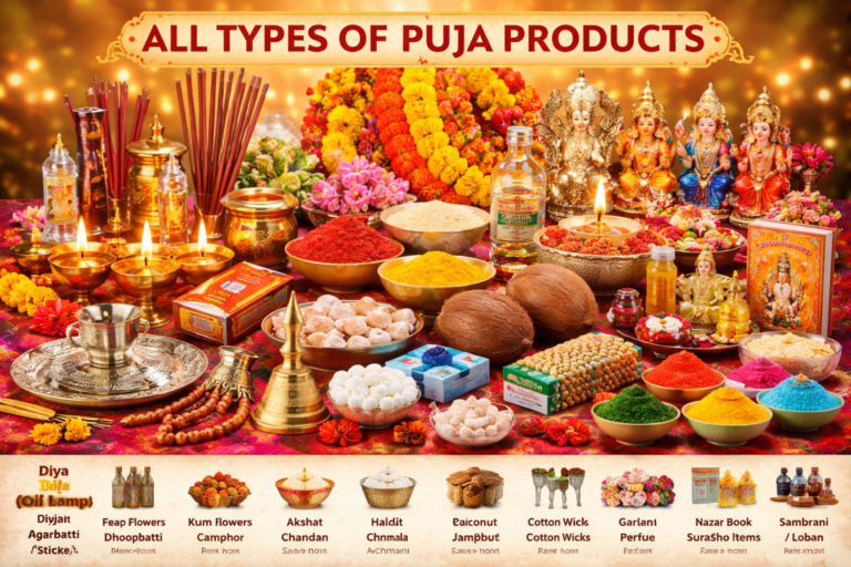 puja essentials on vibrant display